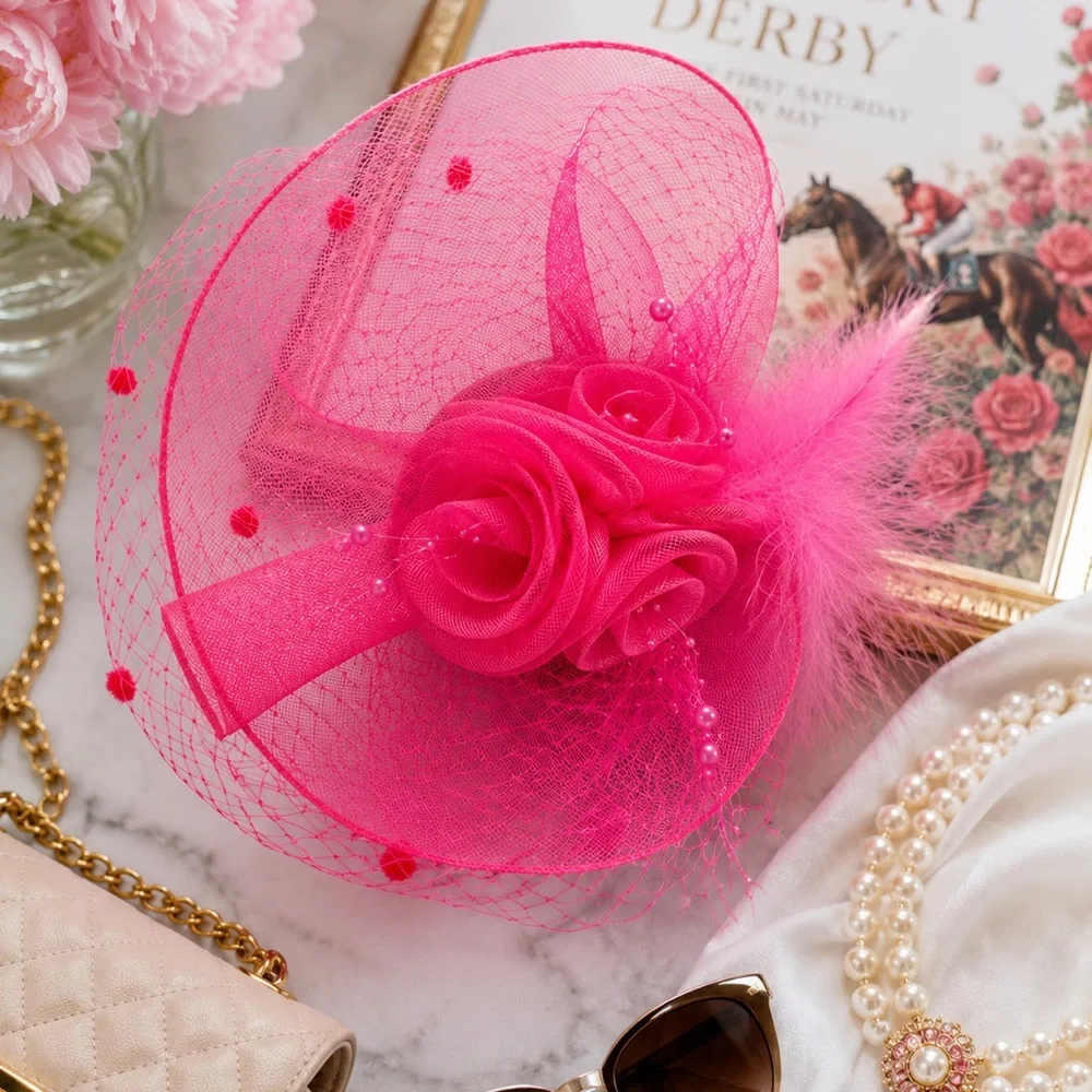 Hot Pink Fascinator Hat Mesh Feather Rose Kentucky Derby Tea Party. NEW